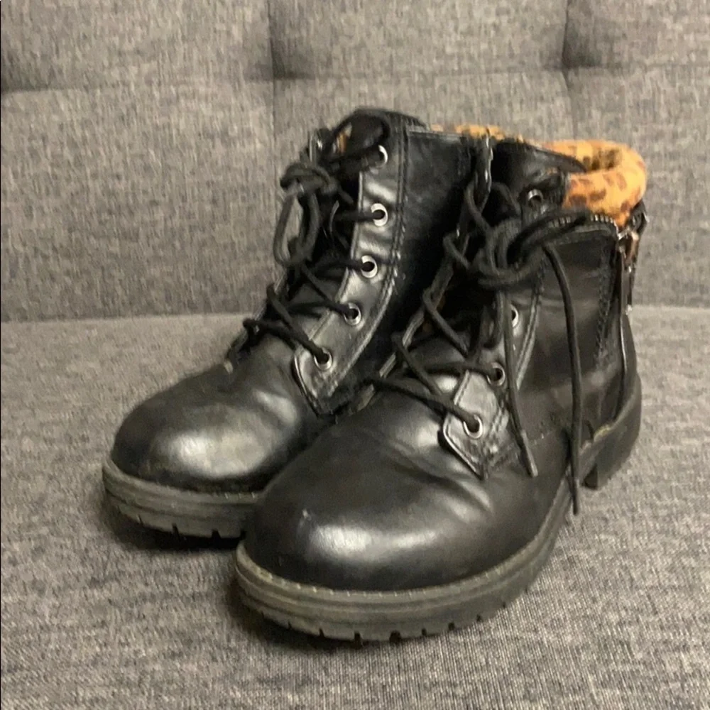 Ankle Boots, Girls 12, black w/ leopard print trim
